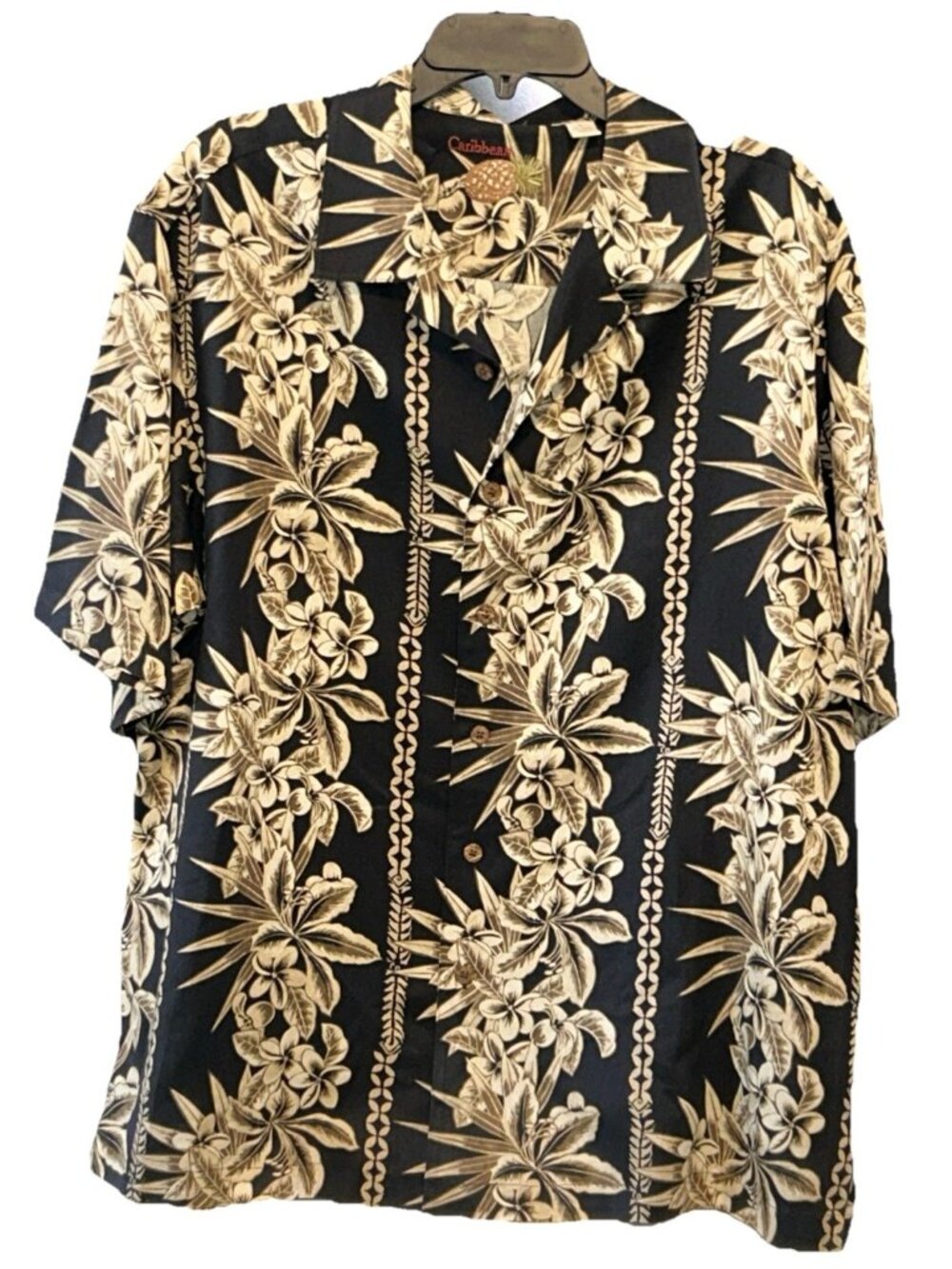 Caribbean Men’s Large Black and Cream Tropical Floral Camp Shirt Silk And Cotton